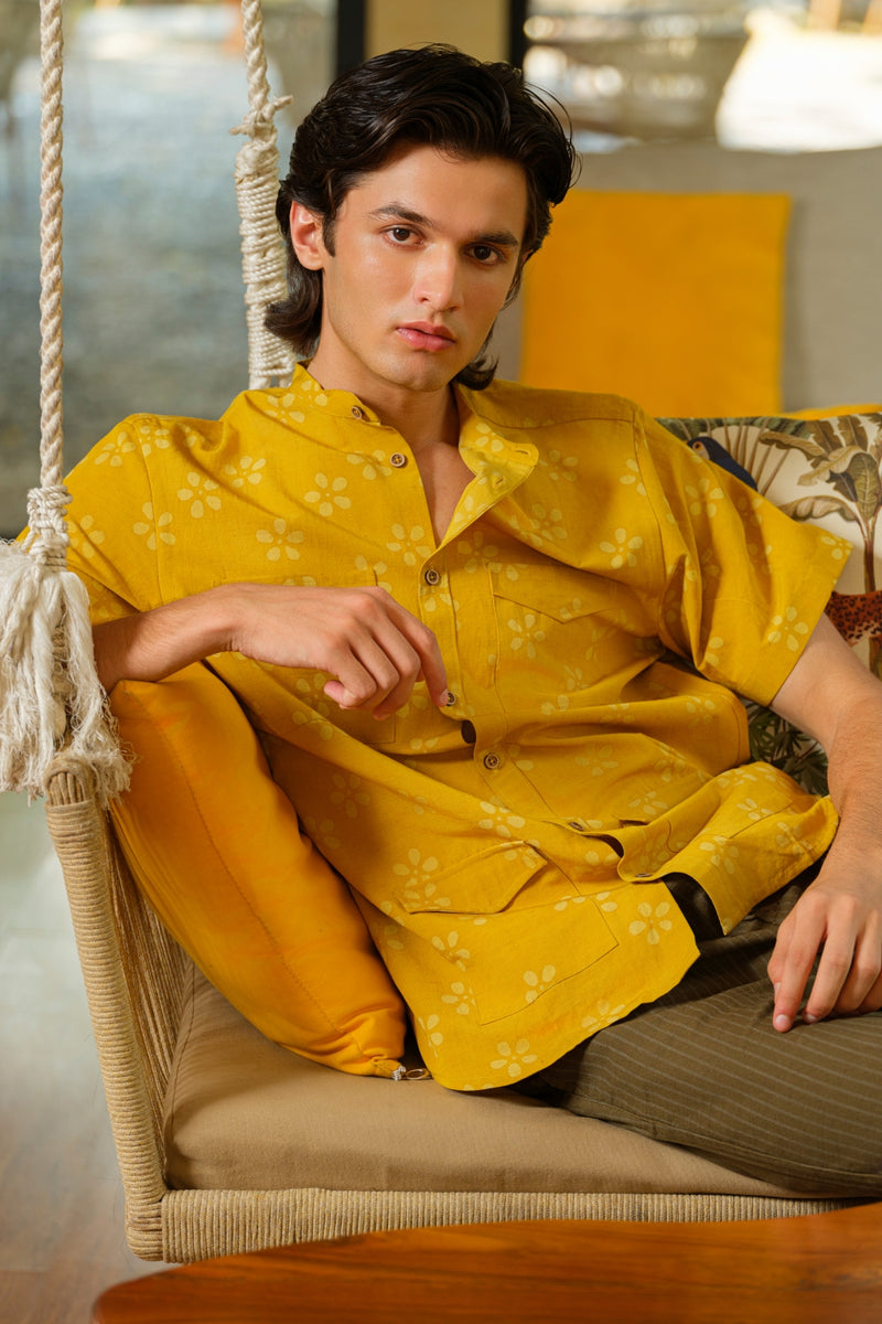 Vasudhaa Vastrram Kaushalam - Men's Organic Hand Block Printed Linen and Bamboo Tulip Yellow Half Sleeve Shirt