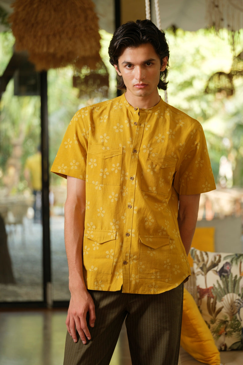 Vasudhaa Vastrram Kaushalam - Men's Organic Hand Block Printed Linen and Bamboo Tulip Yellow Half Sleeve Shirt