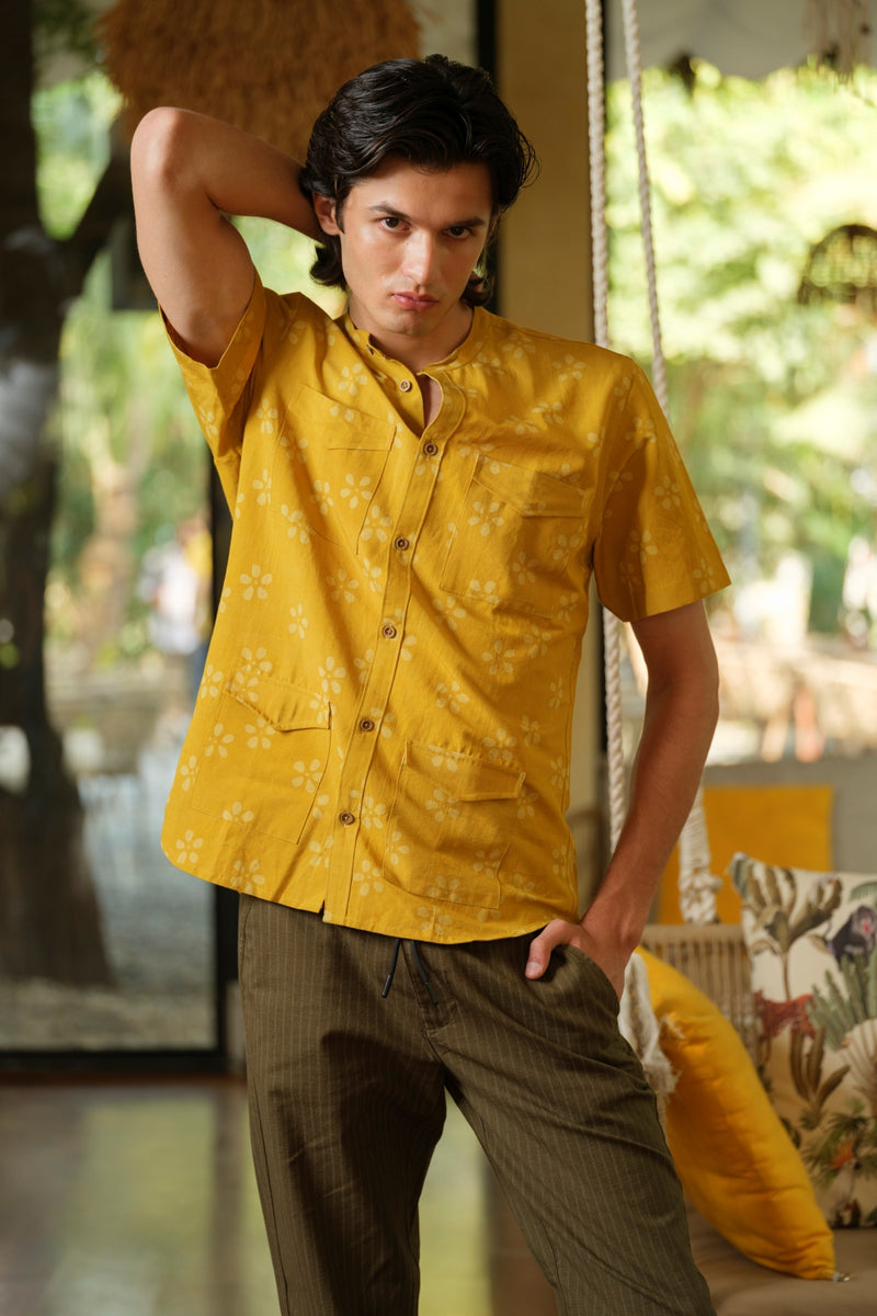Vasudhaa Vastrram Kaushalam - Men's Organic Hand Block Printed Linen and Bamboo Tulip Yellow Half Sleeve Shirt