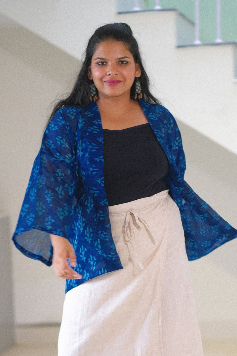 Asian In Me | Crafted from pre-loved handwoven saree | Unisex Blue Kimono Jacket| Yoru-kimono