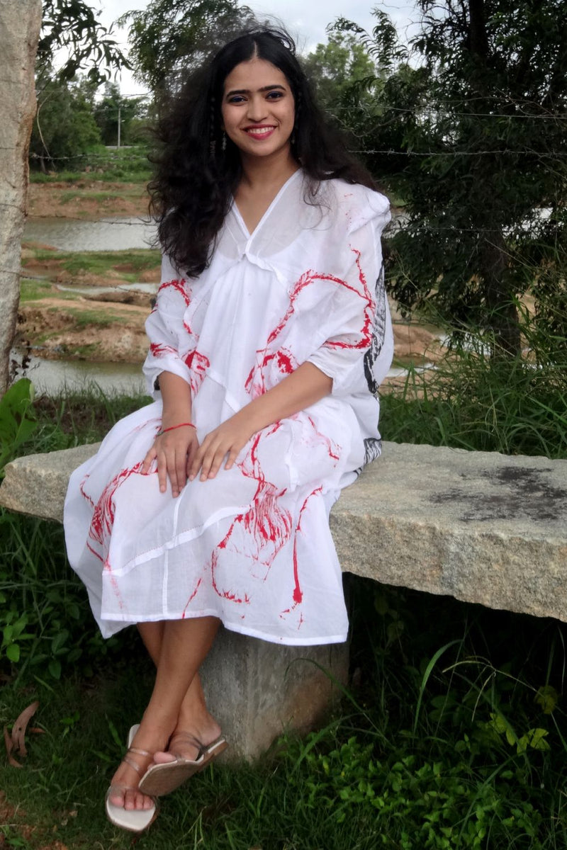 Asian In Me |Cotton Women's White Hand-Painted & Anti-Fit Dress | Zero-Waste Design | DC New Beginning Dress