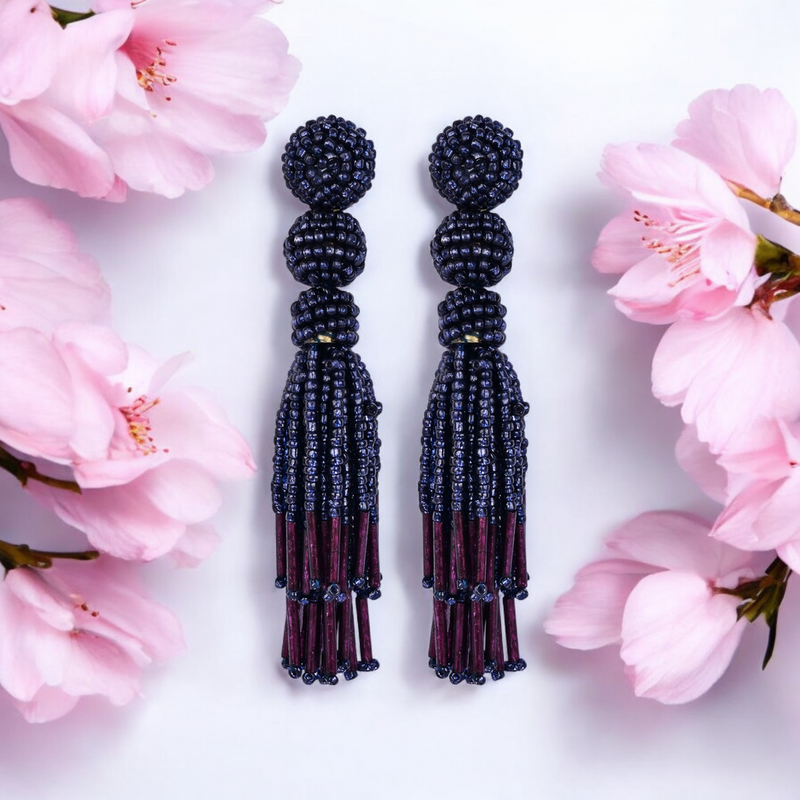 Chic Navy Blue Beaded Tassel Earrings - Sophisticated Statement jewellery