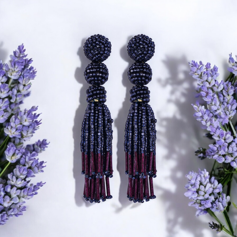 Chic Navy Blue Beaded Tassel Earrings - Sophisticated Statement jewellery