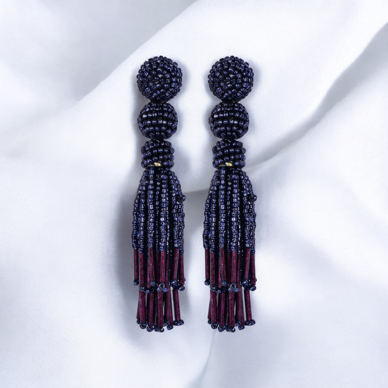 Chic Navy Blue Beaded Tassel Earrings - Sophisticated Statement jewellery