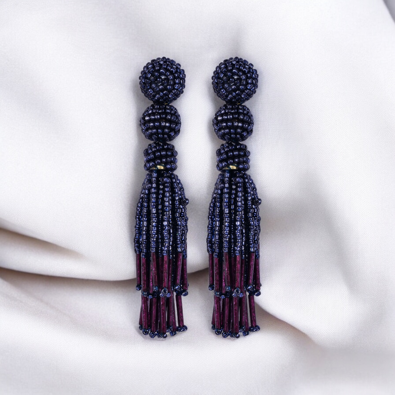 Chic Navy Blue Beaded Tassel Earrings - Sophisticated Statement jewellery