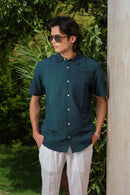 Vasudhaa Vastrram Nitya - men's green Natural dyed Organic linen and bamboo half sleeve shirt