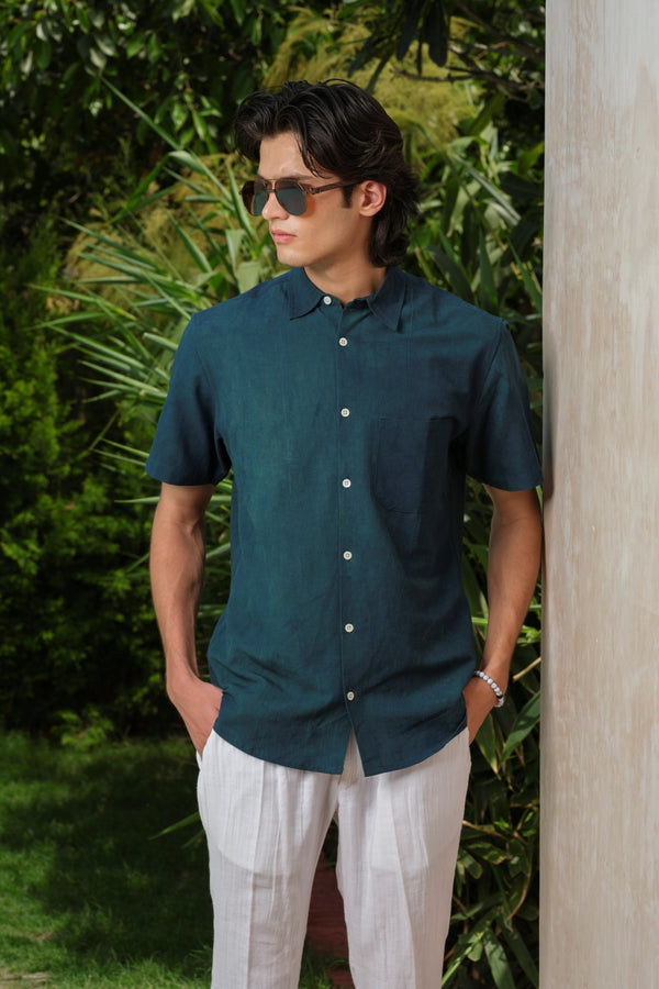 Vasudhaa Vastrram Nitya - Men's Natural dyed Organic Linen and Bamboo Green Half Sleeve Shirt