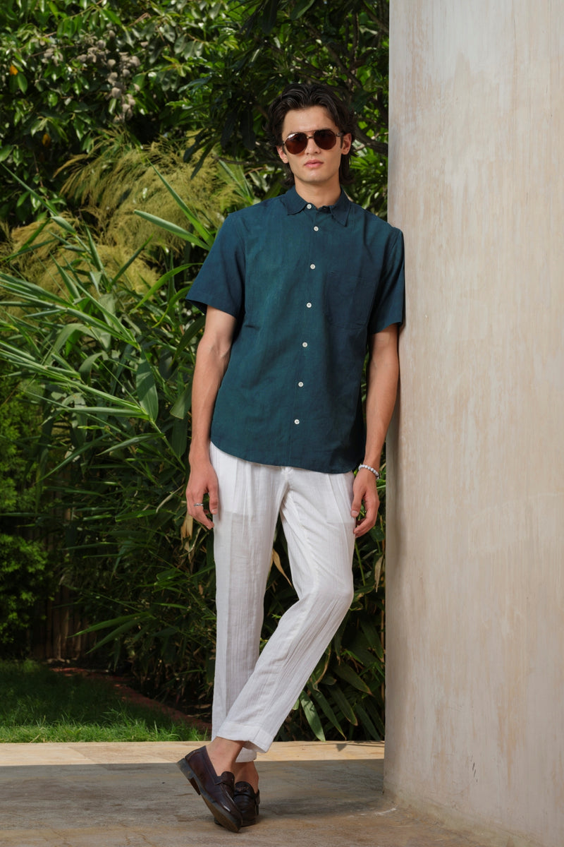 Vasudhaa Vastrram Nitya - Men's Natural dyed Organic Linen and Bamboo Green Half Sleeve Shirt