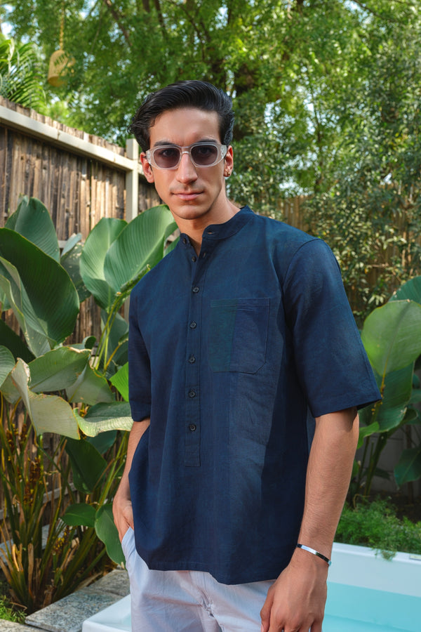 Vasudhaa vastrram Parakhya - Men's Organic dyed Linen and Bamboo Indigo Blue Half Sleeve Kurta