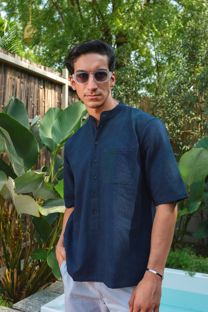 Vasudhaa vastrram Parakhya - Men's Organic dyed Linen and Bamboo Indigo Blue Half Sleeve Kurta