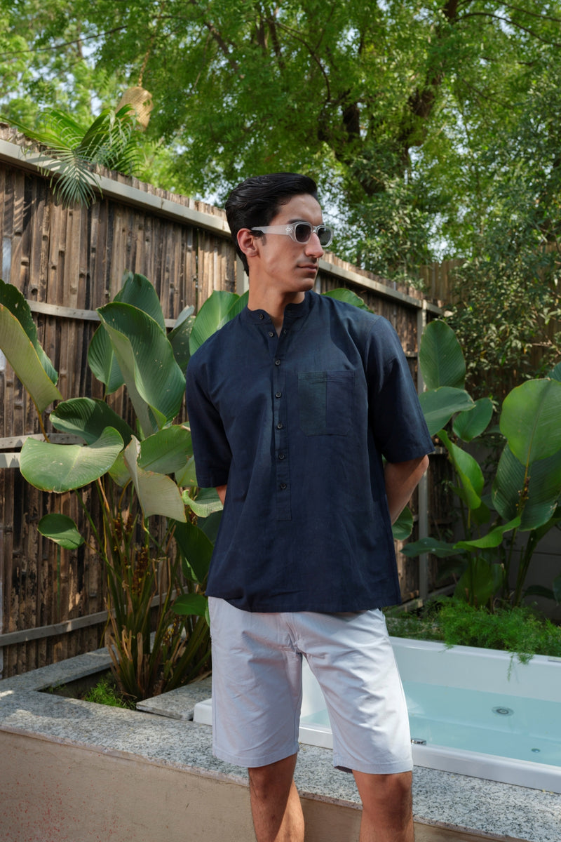 Vasudhaa vastrram Parakhya - Men's Organic dyed Linen and Bamboo Indigo Blue Half Sleeve Kurta