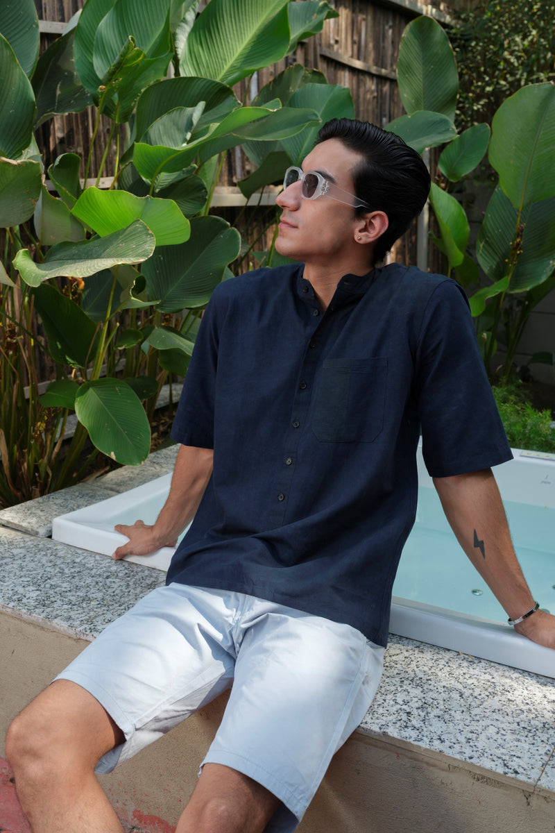 Vasudhaa vastrram Parakhya - Men's Organic dyed Linen and Bamboo Indigo Blue Half Sleeve Kurta