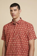 Patrah Block Natural Dye Red Floral Handblock Printed Cotton Shirt