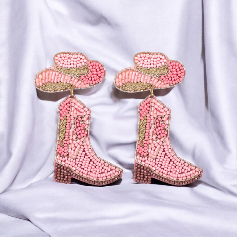 Pink Beaded Cowboy Boot and Hat Statement Earrings