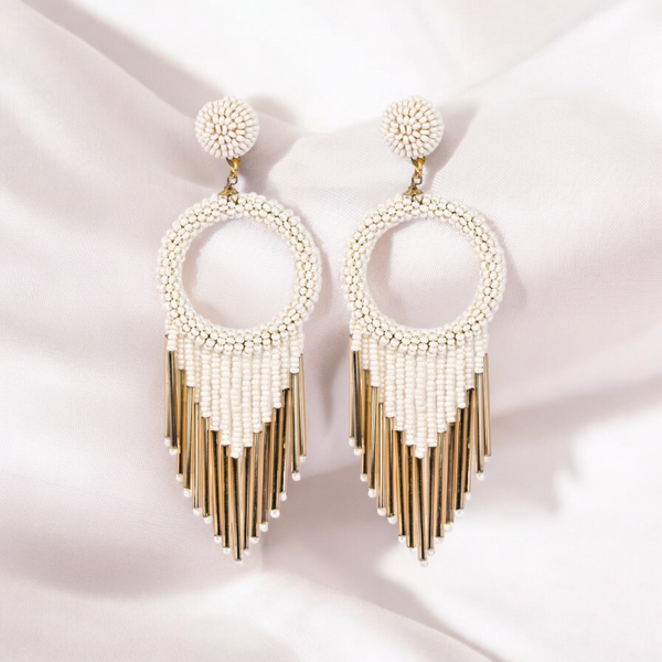 White Beaded Hoop Earrings with Gold Fringe – Elegant Statement Jewellery