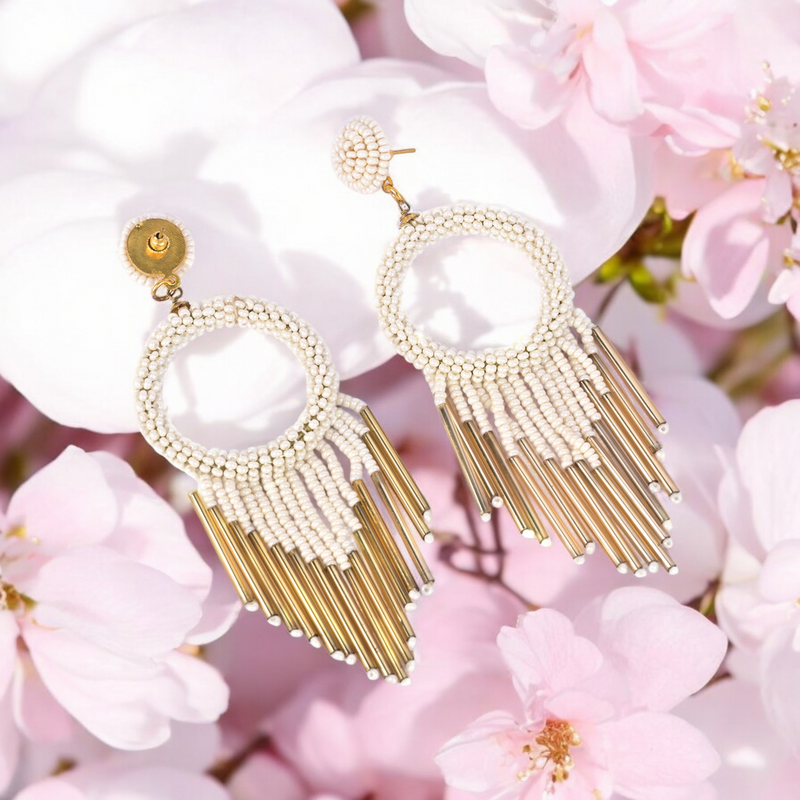 White Beaded Hoop Earrings with Gold Fringe – Elegant Statement Jewellery