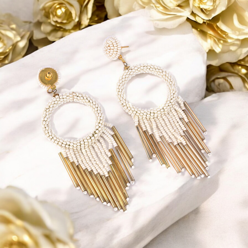 White Beaded Hoop Earrings with Gold Fringe – Elegant Statement Jewellery