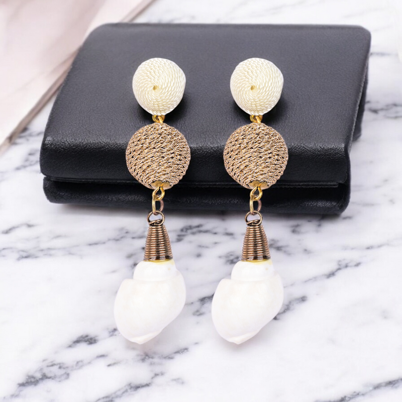 Elegant Shell Drop Earrings with Twisted Gold Bead Accents – Coastal Chic Jewelry