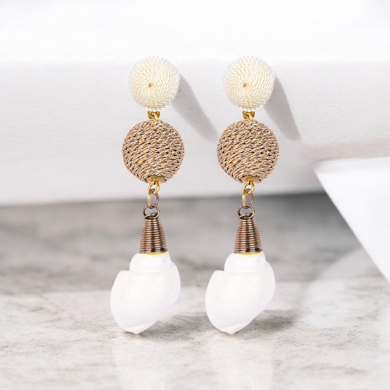 Elegant Shell Drop Earrings with Twisted Gold Bead Accents – Coastal Chic Jewelry