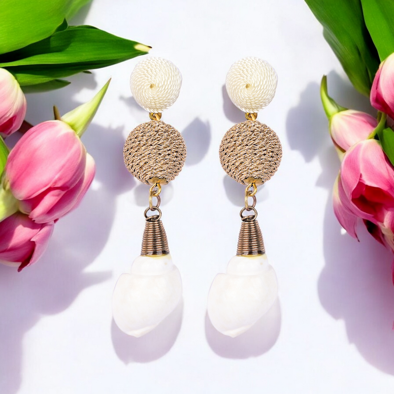 Elegant Shell Drop Earrings with Twisted Gold Bead Accents – Coastal Chic Jewelry