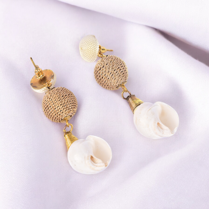 Elegant Shell Drop Earrings with Twisted Gold Bead Accents – Coastal Chic Jewelry