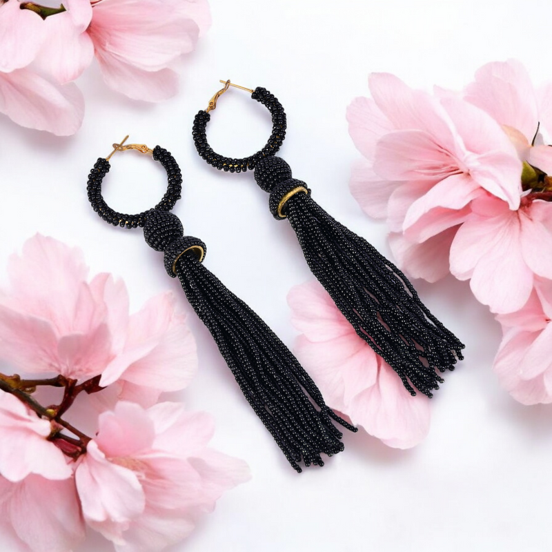 Elegant Black Beaded Hoop Earrings with Tassel Detail