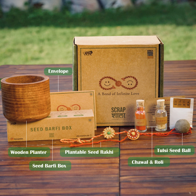 Scrapshala Plantable Seed Rakhi Premium Box | Pair of 2 rakhi | Roli-Chawal | Wooden Planter | Soil | Handmade in Banaras