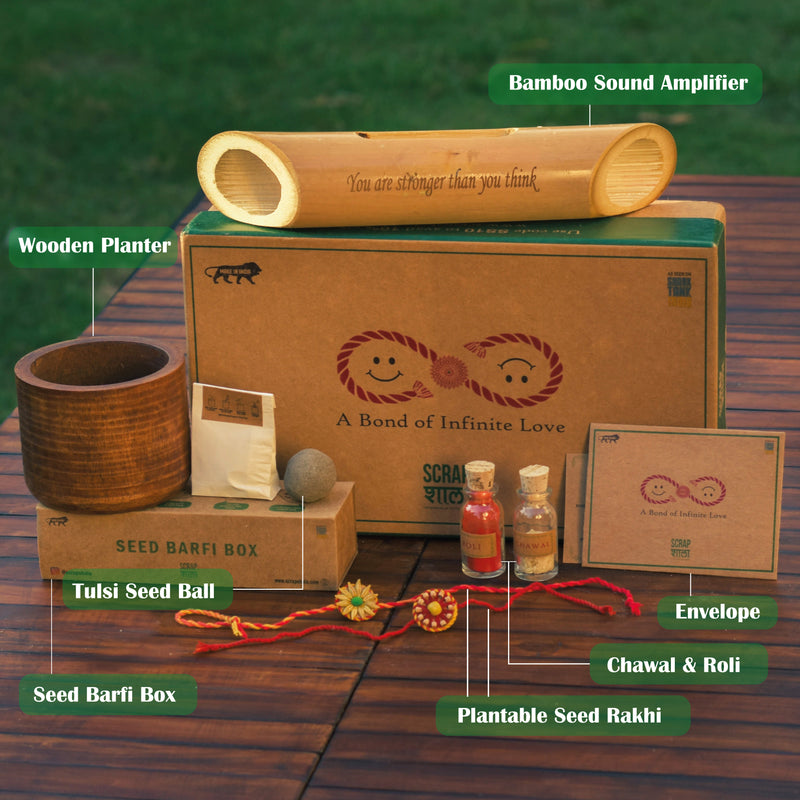 Scrapshala Plantable Seed Rakhi Gift Box | Pair of 2 rakhi | Roli-Chawal | Wooden Planter | Seed Barfi Box | Bamboobeat Sound Amplifier | Tulsi Plant | Handmade in Banaras