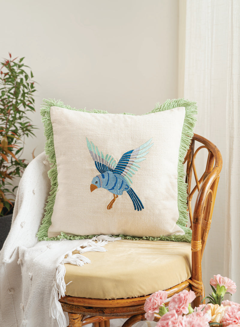 Embroidered cushion cover - Robin Blue