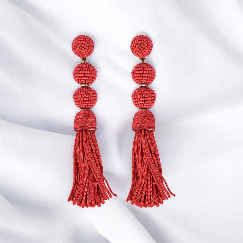 Elegant Red Beaded Tassel Earrings - Statement Jewellery