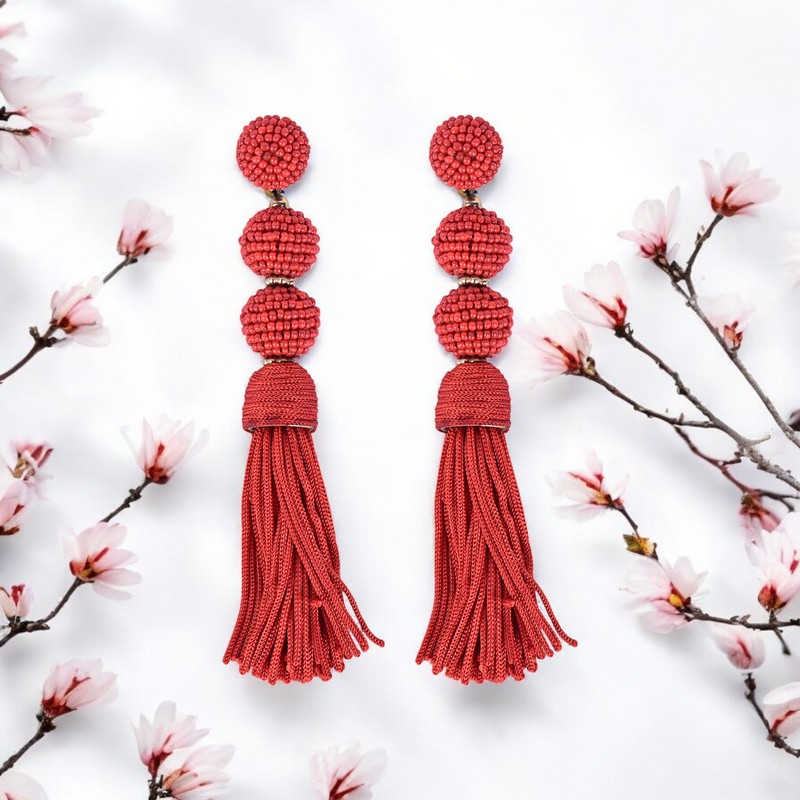 Elegant Red Beaded Tassel Earrings - Statement Jewellery