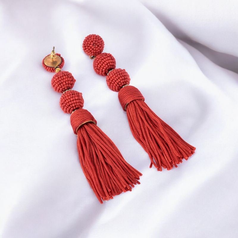 Elegant Red Beaded Tassel Earrings - Statement Jewellery