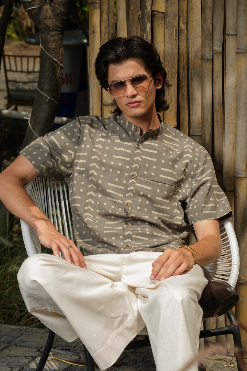 Vasudhaa Vastrram Sajjayen - Men's Organic Dabu Block Print Linen and Bamboo Grey Half Sleeve Shirt