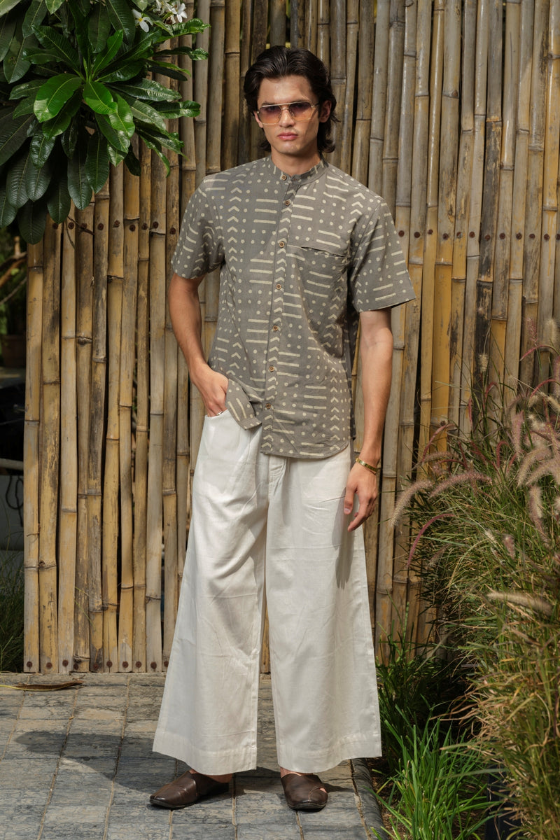 Vasudhaa Vastrram Sajjayen - Men's Organic Dabu Block Print Linen and Bamboo Grey Half Sleeve Shirt