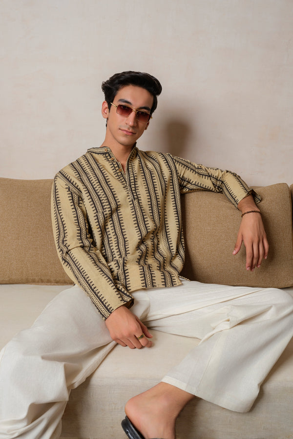 Vasudhaa Vastrram Sangatam - Men's Organic Hand Block Printed Linen and Bamboo Cream and Black Full Sleeve Kurta