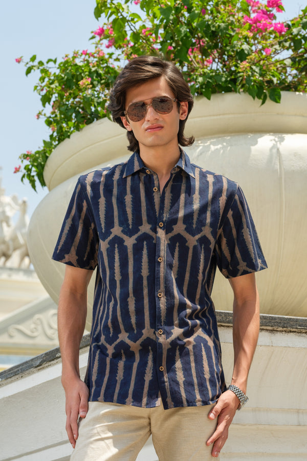 Vasudhaa Vastrram Sanmoh - Men's Organic Block Printed Linen and Bamboo Indigo Blue Half Sleeve Shirt