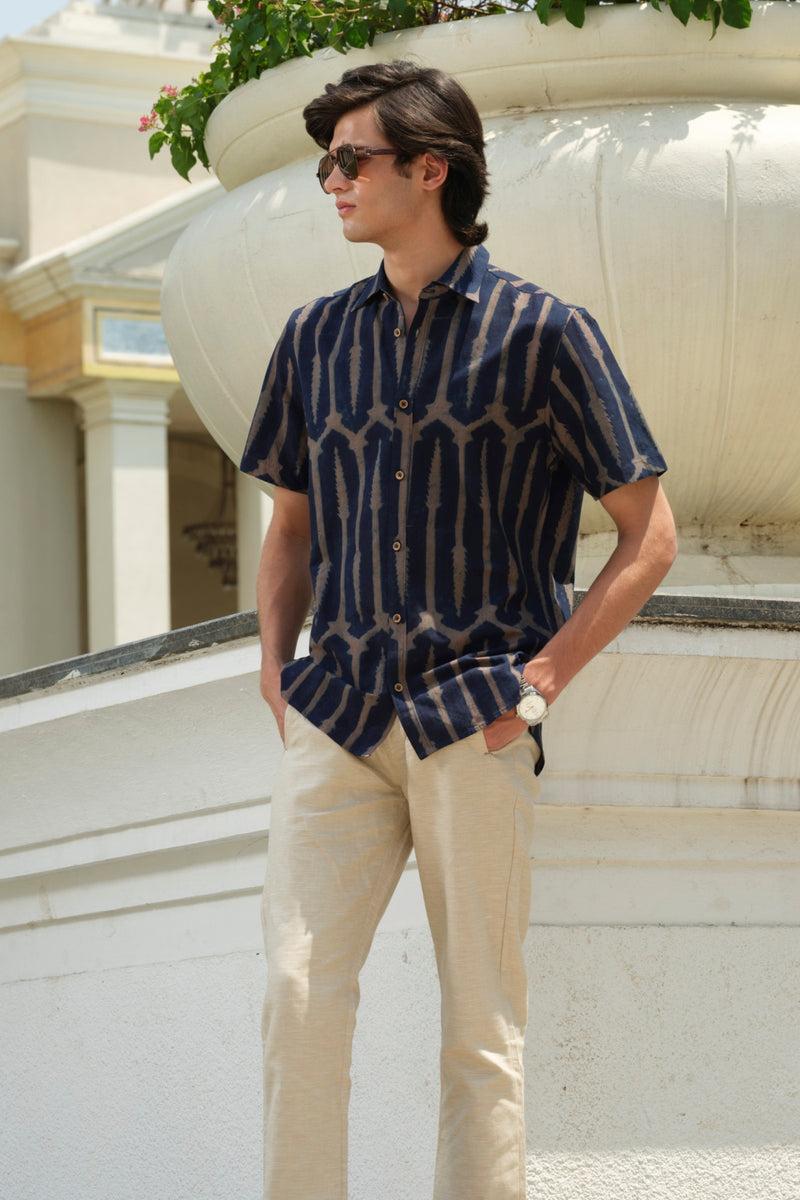 Vasudhaa Vastrram Sanmoh - Men's Organic Block Printed Linen and Bamboo Indigo Blue Half Sleeve Shirt