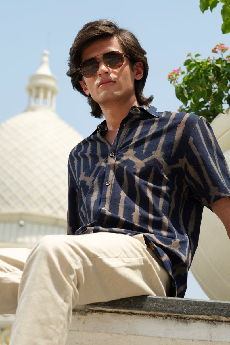 Vasudhaa Vastrram Sanmoh - Men's Organic Block Printed Linen and Bamboo Indigo Blue Half Sleeve Shirt