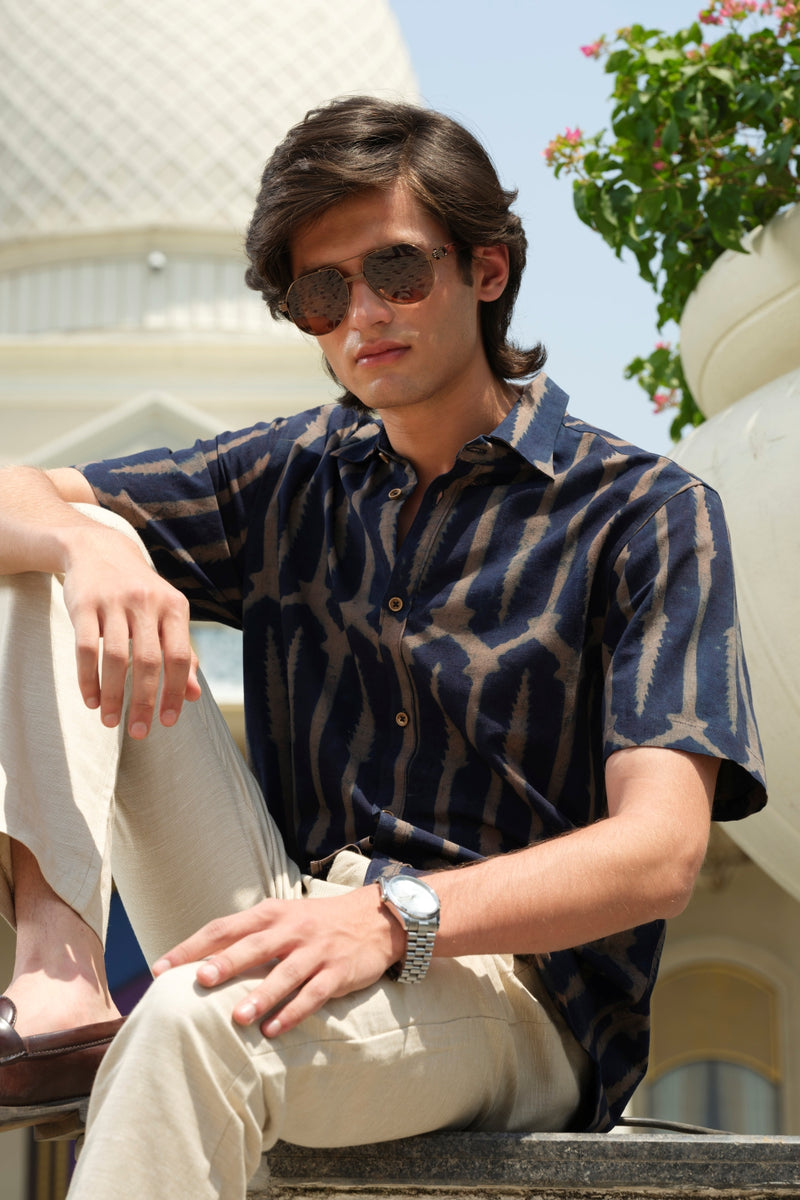 Vasudhaa Vastrram Sanmoh - Men's Organic Block Printed Linen and Bamboo Indigo Blue Half Sleeve Shirt