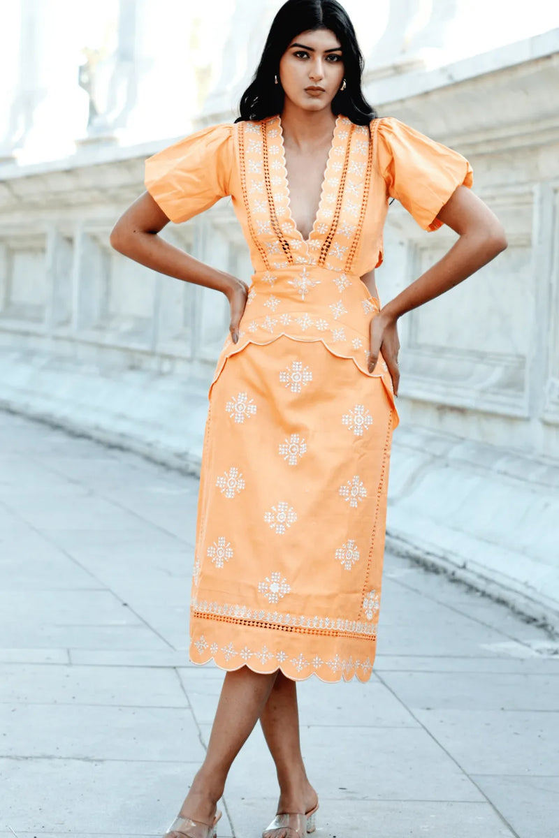 women's light orange dress Serovey Cotton Scalloped Embroidered Women's Light Orange Dress