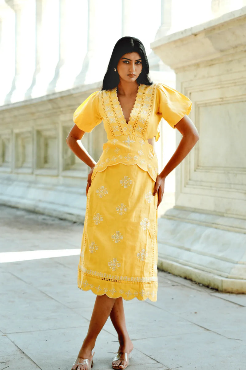 light yellow cotton dress Light Yellow Pleated Midi Dress | Womens | Large (Available in S, M)