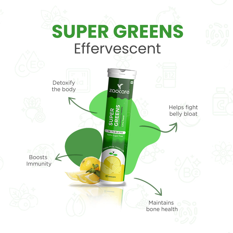 Zaocare Supergreens Effervescent Tablets for Men and Women | Daily Fibers For Tummy Fat Burn, Boosts Immunity, and Gut Detox