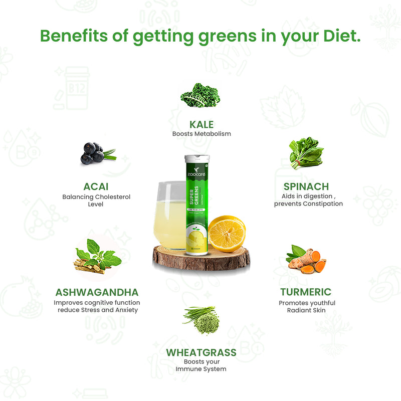 Zaocare Supergreens Effervescent Tablets for Men and Women | Daily Fibers For Tummy Fat Burn, Boosts Immunity, and Gut Detox