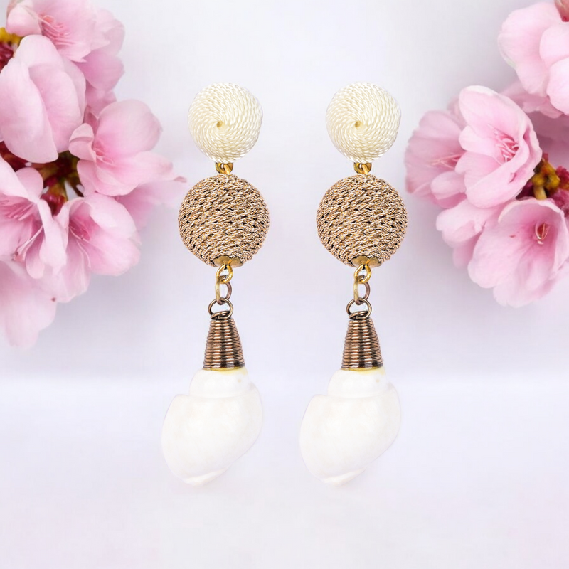 Elegant Shell Drop Earrings with Twisted Gold Bead Accents – Coastal Chic Jewelry