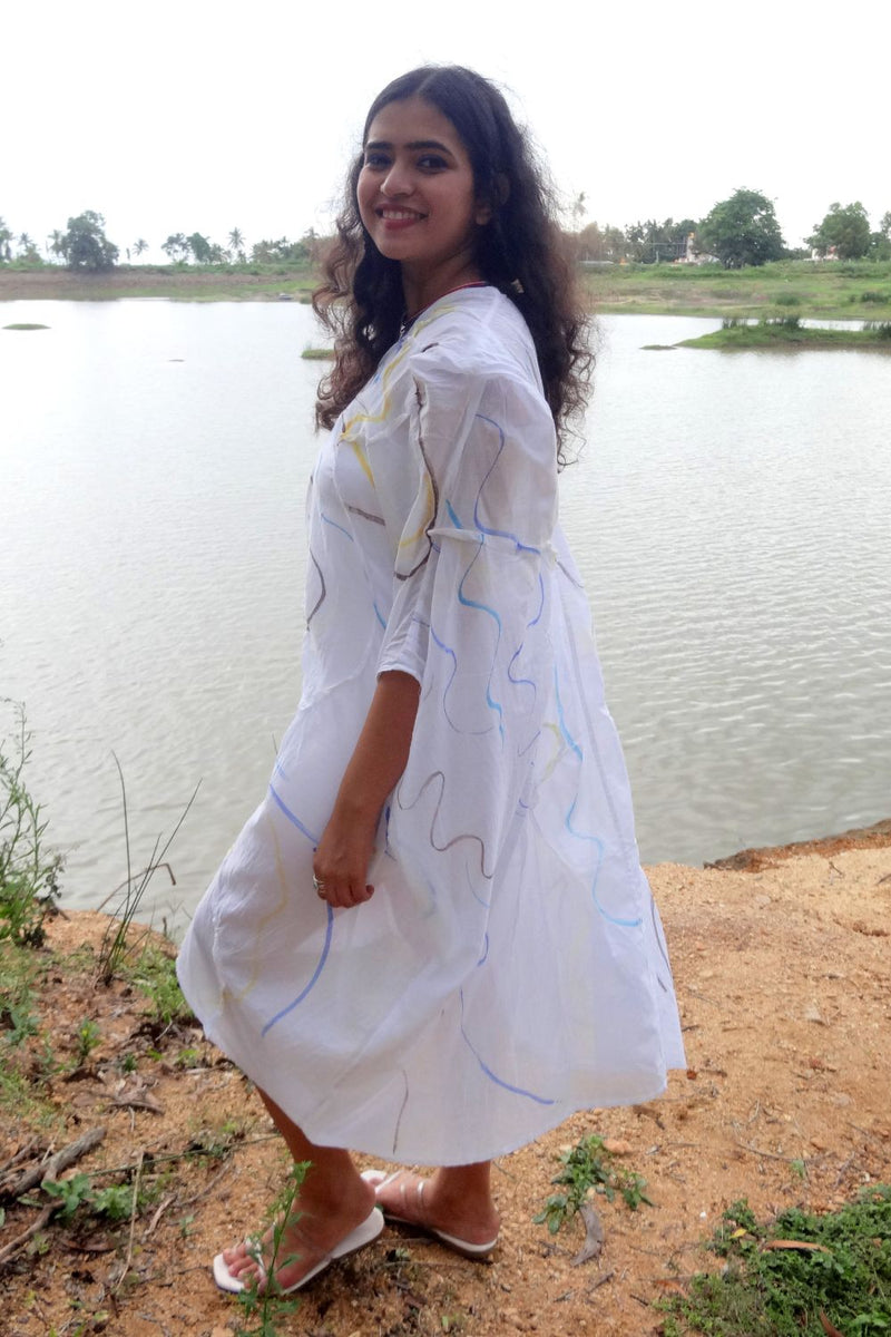 Asian In Me |Cotton Women's White Hand-Painted & Anti-Fit Dress | Zero-Waste Design | DC Path To Infinity Dress