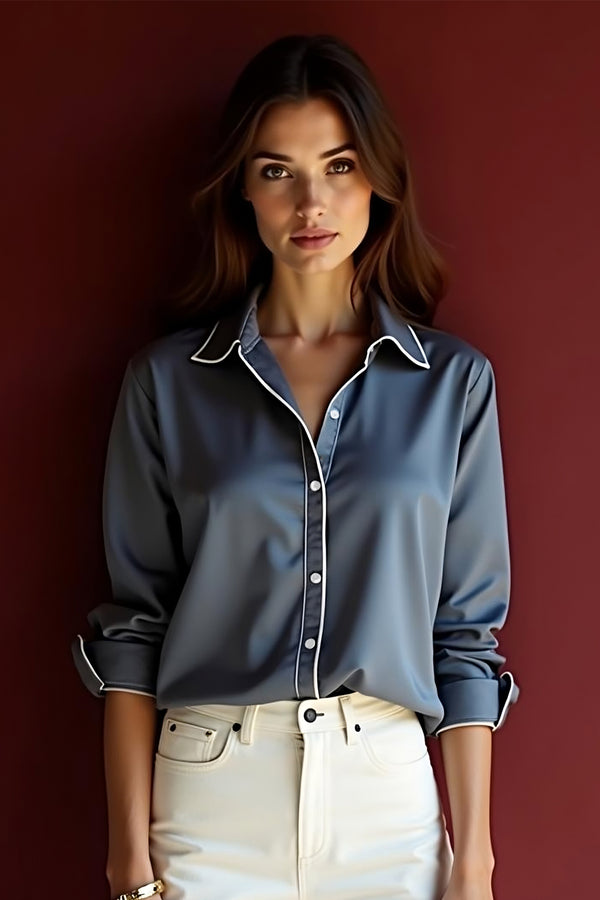 Studio Amala Moonlight Martini Steele Gray Satin Shirt with White Piping