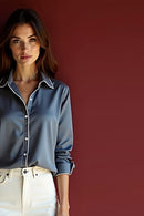 Studio Amala Moonlight Martini Steele Gray Satin Shirt with White Piping