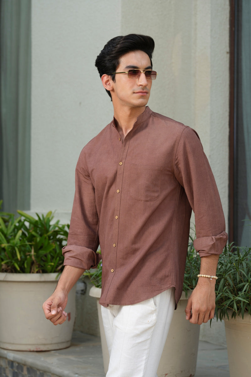 Vasudhaa Vastrram Sthit - Men's Organic dyed Linen and Bamboo Brown Full Sleeve Shirt