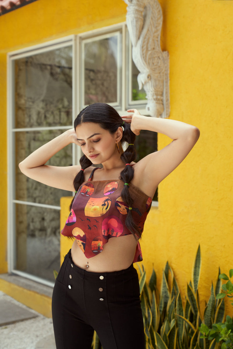 The Conscious Closet  By The Sunset Printed Bandana Top in Bemberg Satin