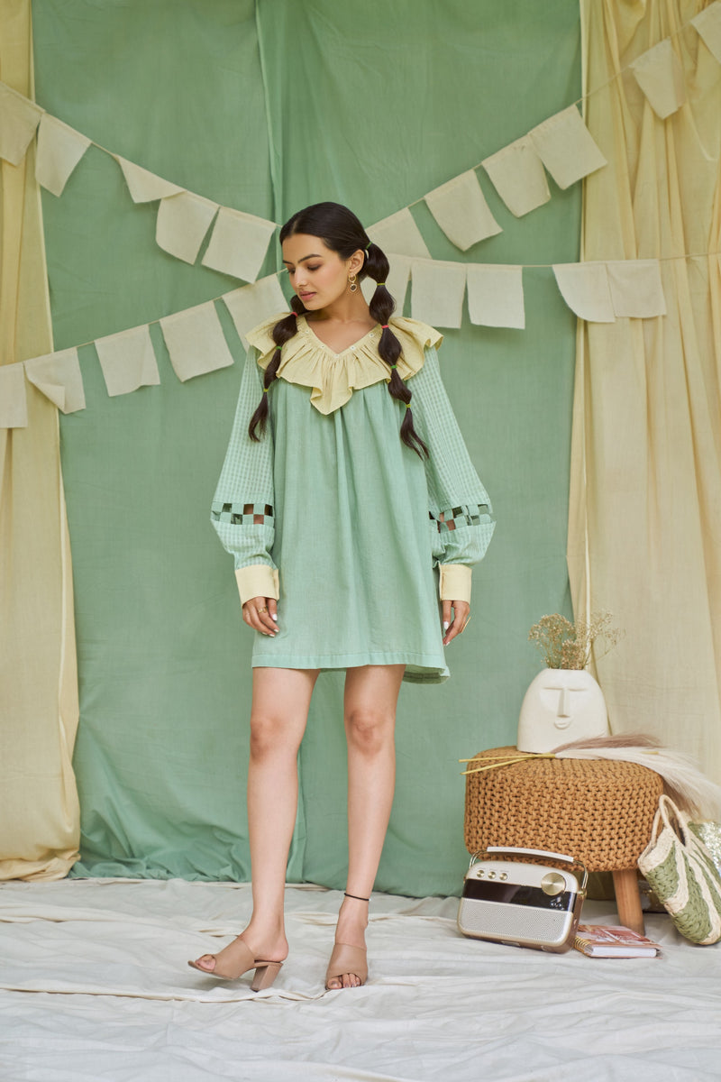 The Conscious Closet Pesto Mint Detachable Dress Handloom Cotton